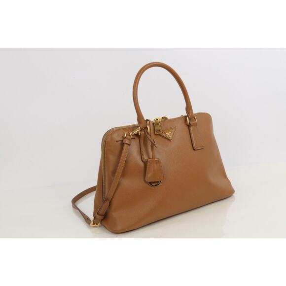 Prada Saffiano Lux Promenade Tan Brown Leather Double Zip Medium Satchel Bag - Picture 4 of 16
